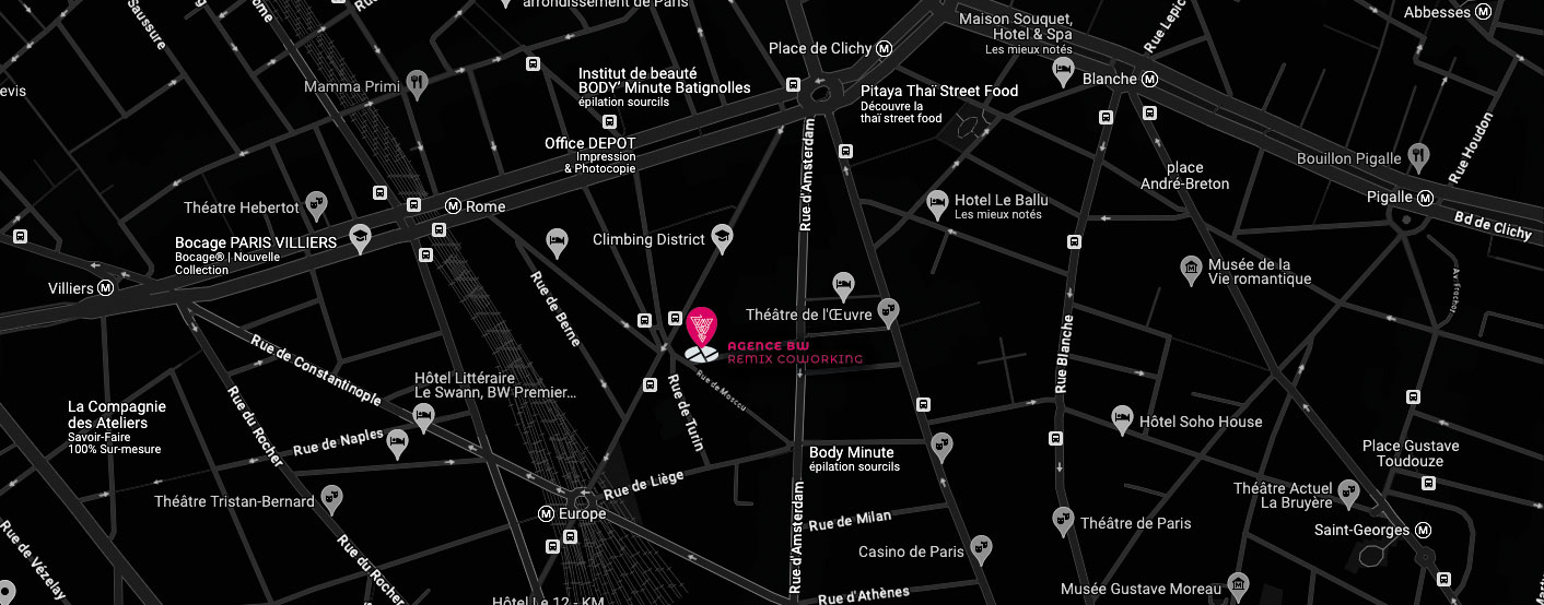 Carte qui montre l'emplacement du Remix Coworking, rue Bucarest à Paris